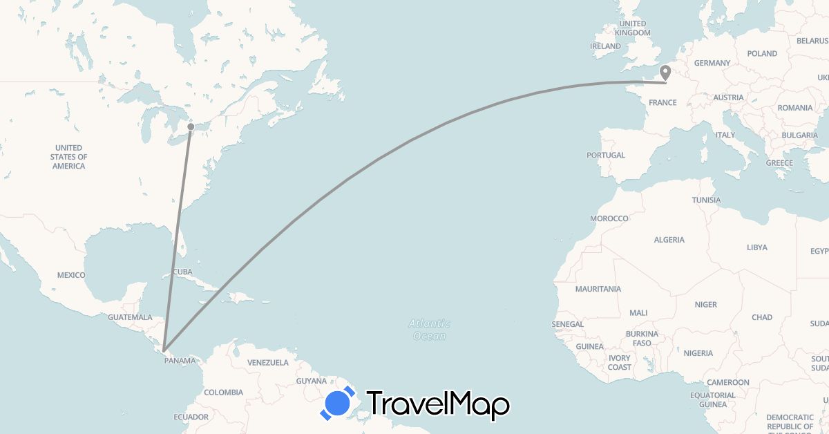 TravelMap itinerary: driving, plane in Canada, Costa Rica, France (Europe, North America)